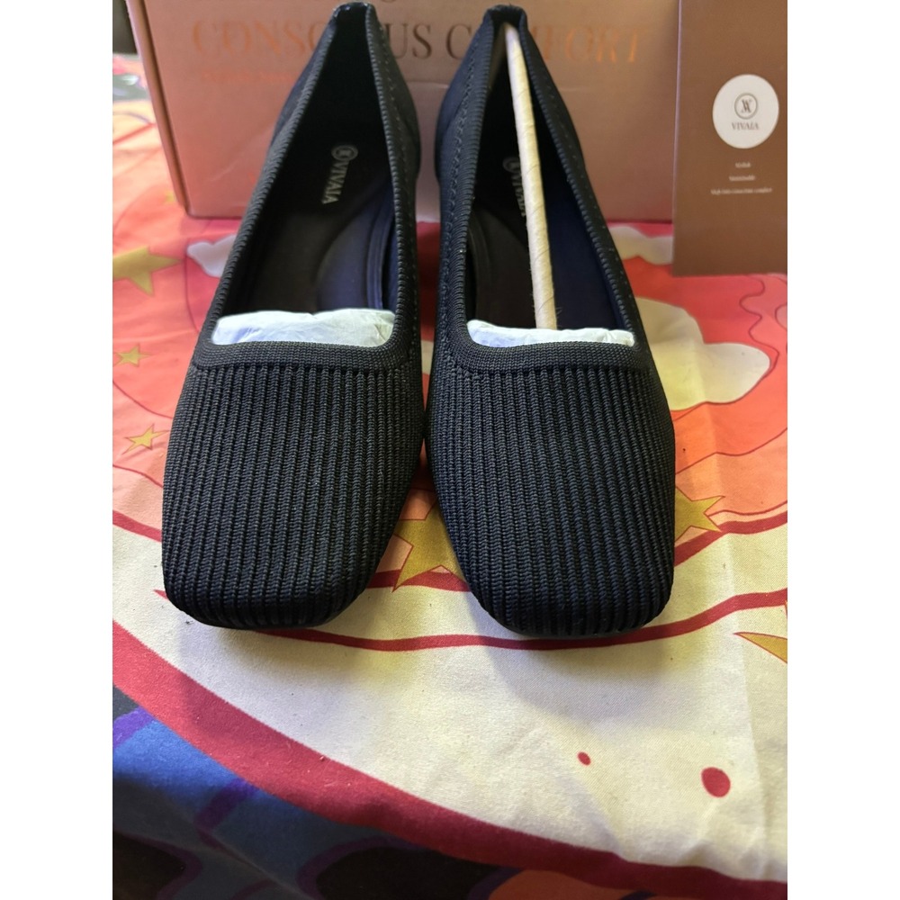 Vivaia Margot Square Toe Block Heel Pumps Black Knit Sustainable Shoes EU 37 - Picture 6 of 15
